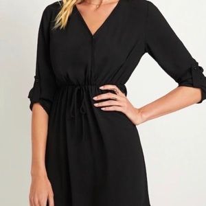 V neck mini dress with drawstring waist in black
